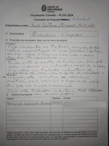 Ficha de proposta da audiência Santana/Tucuruvi