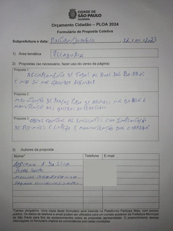 Ficha de proposta coletada na audiência pública de Pirituba/Jaraguá