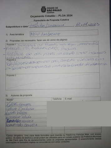 Ficha de proposta coletada na audiência pública de Pirituba/Jaraguá