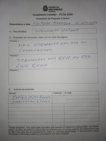 Ficha de proposta coletada na audiência pública de Pirituba/Jaraguá