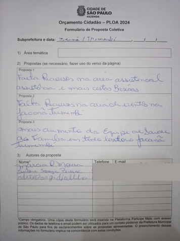 Ficha de proposta coletada na audiência pública de Jaçanã/Tremembé