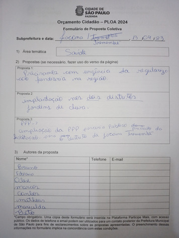 Ficha de proposta coletada na audiência pública de Jaçanã/Tremembé