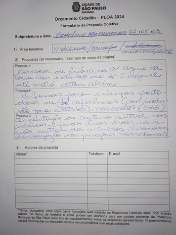 Ficha de proposta da audiência pública de Ermelino Matarazzo