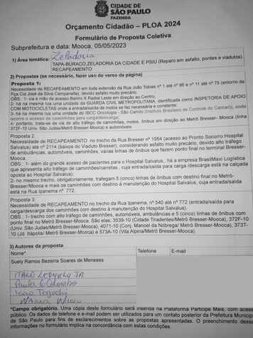 Ficha de proposta da audiência pública da Mooca