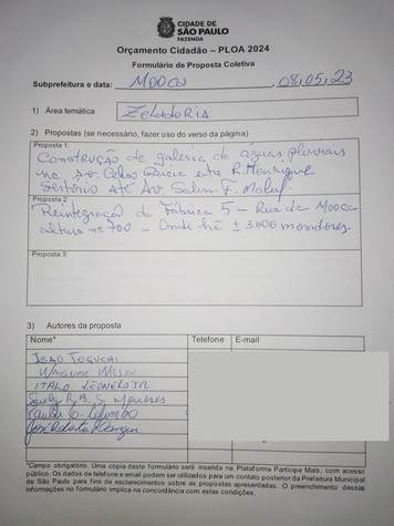 Ficha de proposta da audiência pública da Mooca