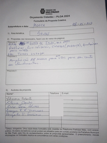 Ficha de proposta da audiência pública da Mooca 