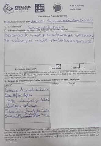 Formulário de Proposta Coletiva:Elaborado presencialmente na audiência pública