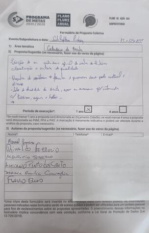 Formulário de Proposta Coletiva:Elaborado presencialmente na audiência pública