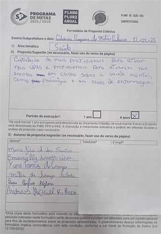 Formulário de Proposta Coletiva. Elaborada na audiência pública