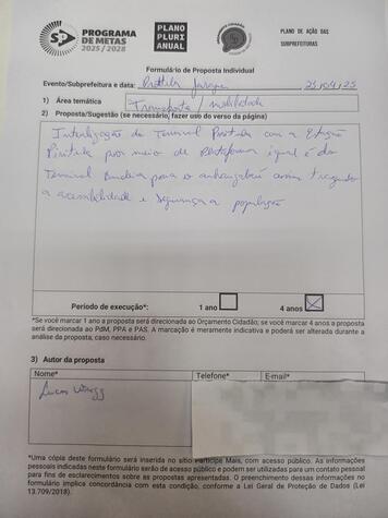 Formulário de Proposta Individual. Elaborada na audiência pública