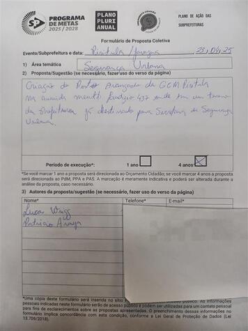 Formulário de Proposta Coletiva. Elaborada na audiência pública