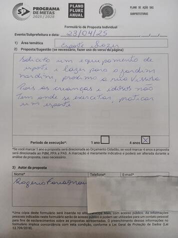 Formulário de Proposta Individual. Elaborada na audiência pública