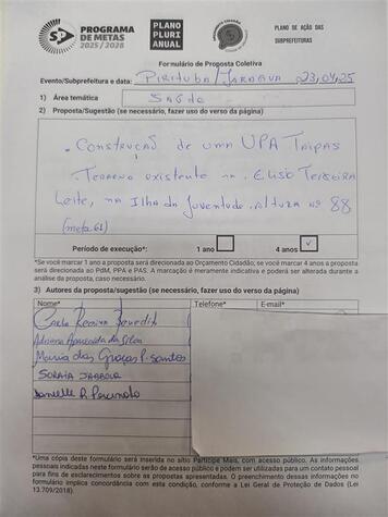 Formulário de Proposta Coletiva. Elaborada na audiência pública