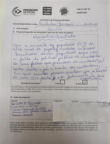 Formulário de Proposta Coletiva. Elaborada na audiência pública