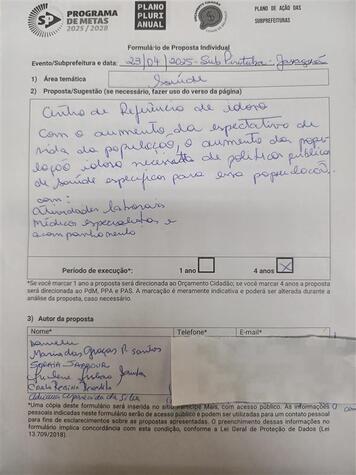 Formulário de Proposta Coletiva. Elaborada na audiência pública