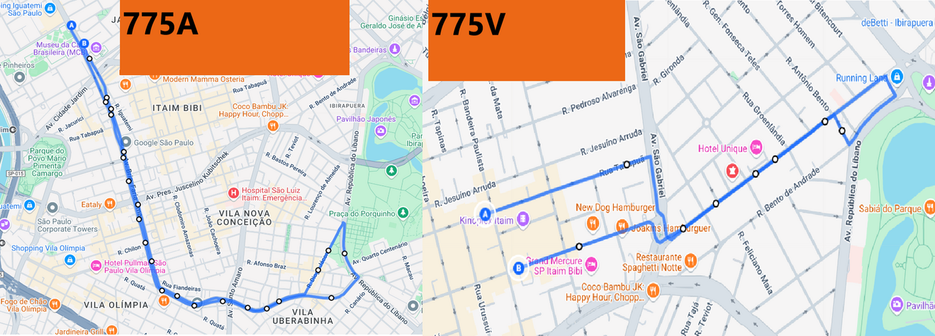 Linhas 775A e 775V partindo de seus trajetos atuais até os pretendidos