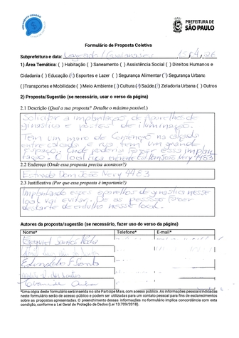 Proposta de implantação de aparelhos de ginástica e postes de iluminação 