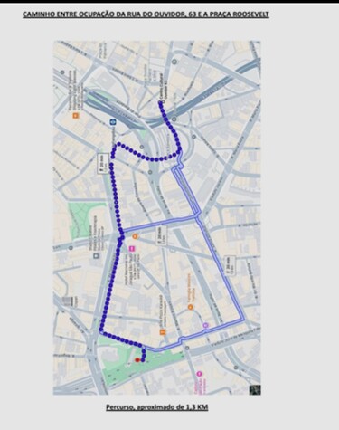 Caminho entre a ocupação da Rua Ouvidor, 63 e a Praça Roosevelt